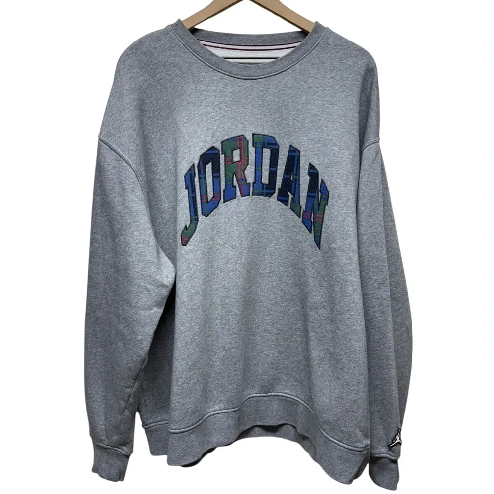 Jordan Mens Essential Holiday‎ Plaid Fleece Sweatshirt XXL Gray Crewneck